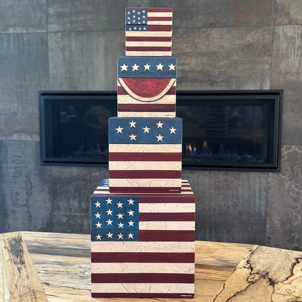 Warren Kimble AMCAL Americana Nesting Boxes 4pc Set Colonial Flag Farmhouse